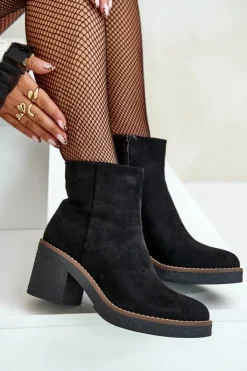 Hot Boto Botki Na Obcasie Słupku Eko Zamszowe Ocieplane Na Zamek Czarne Lerallea