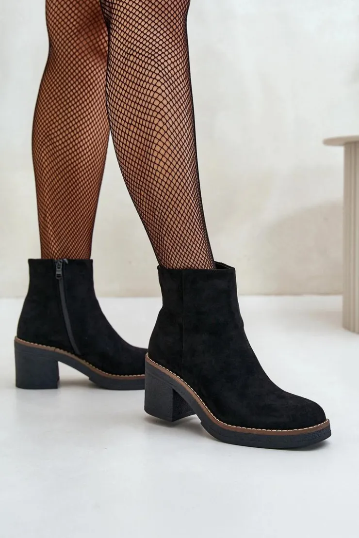 Hot Boto Botki Na Obcasie Słupku Eko Zamszowe Ocieplane Na Zamek Czarne Lerallea