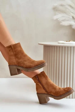 Boto Botki Wiosenne|Botki Ocieplane*Botki Na Obcasie Słupku Eko Zamszowe Ocieplane Na Zamek Camel Lerallea