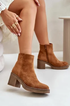 Boto Botki Wiosenne|Botki Ocieplane*Botki Na Obcasie Słupku Eko Zamszowe Ocieplane Na Zamek Camel Lerallea