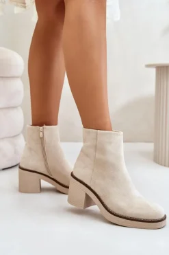 Damskie Boto Botki Na Obcasie Słupku Eko Zamszowe Ocieplane Na Zamek Beżowe Lerallea