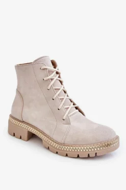 Damskie Boto Botki Na Płaskim Obcasie Lewski Shoes 3285 Jasnobeżowe