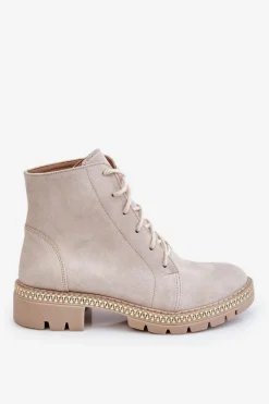 Damskie Boto Botki Na Płaskim Obcasie Lewski Shoes 3285 Jasnobeżowe
