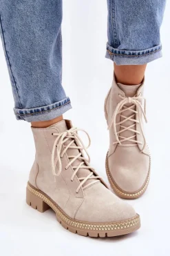 Damskie Boto Botki Na Płaskim Obcasie Lewski Shoes 3285 Jasnobeżowe
