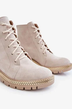 Damskie Boto Botki Na Płaskim Obcasie Lewski Shoes 3285 Jasnobeżowe