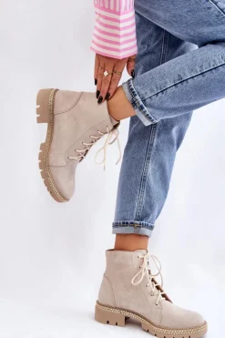 Damskie Boto Botki Na Płaskim Obcasie Lewski Shoes 3285 Jasnobeżowe