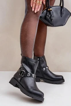 Evento Botki Ocieplane|Czarne Botki*Botki Na Płaskim Obcasie Ocieplane Z Ozdobnymi Paskami Czarne Felilania