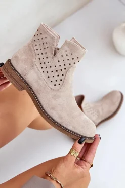 Damskie Boto Botki Na Płaskim Obcasie Z Ażurową Cholewką Jasnobeżowe Elivaya