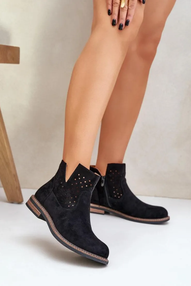 Outlet Boto Botki Na Płaskim Obcasie Z Ażurową Cholewką Czarne Elivaya