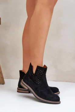 Outlet Boto Botki Na Płaskim Obcasie Z Ażurową Cholewką Czarne Elivaya