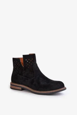 Outlet Boto Botki Na Płaskim Obcasie Z Ażurową Cholewką Czarne Elivaya