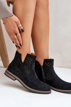 Outlet Boto Botki Na Płaskim Obcasie Z Ażurową Cholewką Czarne Elivaya