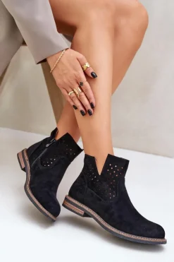 Outlet Boto Botki Na Płaskim Obcasie Z Ażurową Cholewką Czarne Elivaya