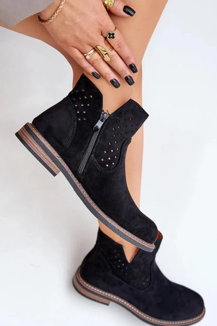 Outlet Boto Botki Na Płaskim Obcasie Z Ażurową Cholewką Czarne Elivaya