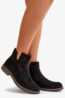 Outlet Boto Botki Na Płaskim Obcasie Z Ażurową Cholewką Czarne Elivaya