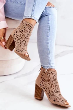 Damskie Boto Botki Na Słupku Ażurowe Beżowe Brittany