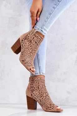 Damskie Boto Botki Na Słupku Ażurowe Beżowe Brittany