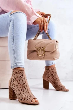 Damskie Boto Botki Na Słupku Ażurowe Beżowe Brittany