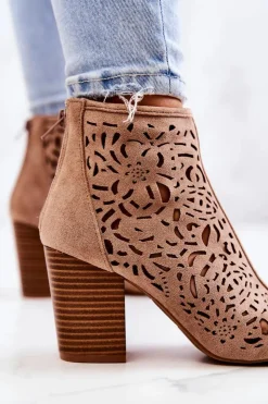 Damskie Boto Botki Na Słupku Ażurowe Beżowe Brittany