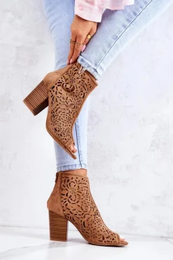 Discount Boto Botki Na Słupku Ażurowe Camel Brittany