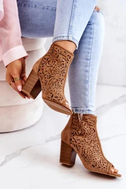Discount Boto Botki Na Słupku Ażurowe Camel Brittany