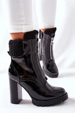 Boto Czarne Botki|Botki Zimowe Damskie*Botki Na Słupku Czarne Lakierowane Arleston