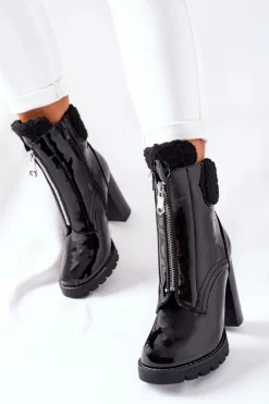 Boto Czarne Botki|Botki Zimowe Damskie*Botki Na Słupku Czarne Lakierowane Arleston