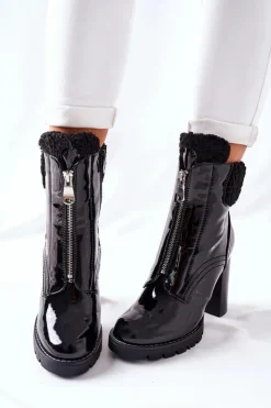 Boto Czarne Botki|Botki Zimowe Damskie*Botki Na Słupku Czarne Lakierowane Arleston