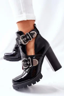 Boto Botki Na Słupku|Czarne Botki*Botki Na Słupku Czarne Lakierowane Klamra Bramshall