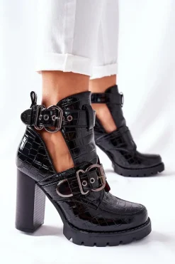 Damskie Boto Botki Na Słupku Czarne Lakierowane Klamra Krokodyl Bramshall