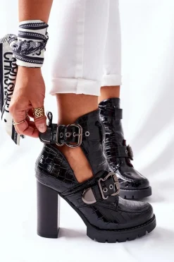 Damskie Boto Botki Na Słupku Czarne Lakierowane Klamra Krokodyl Bramshall