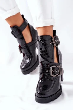 Damskie Boto Botki Na Słupku Czarne Lakierowane Klamra Krokodyl Bramshall