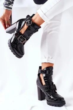 Damskie Boto Botki Na Słupku Czarne Lakierowane Klamra Krokodyl Bramshall