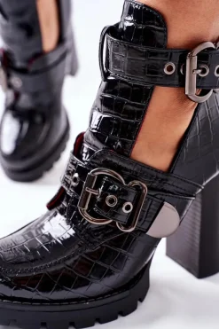 Damskie Boto Botki Na Słupku Czarne Lakierowane Klamra Krokodyl Bramshall