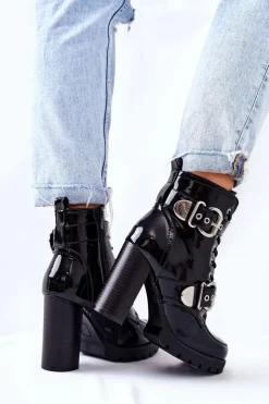 Boto Botki Na Słupku|Czarne Botki*Botki Na Słupku Lakierowane Z Klamrą Czarne Flaris