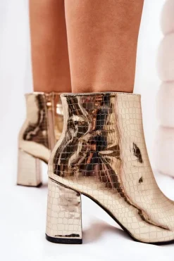 Damskie Boto Botki Na Słupku Lustrzane Wężowe Złote Ferty