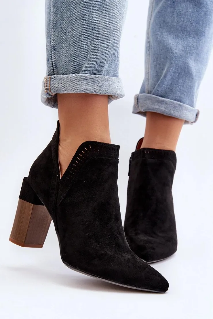 Discount Boto Botki Na Słupku Z Ażurowym Wzorem Czarne Vailen