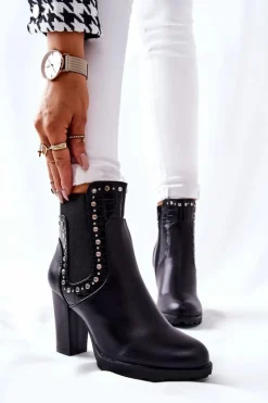 Damskie Boto Botki Na Słupku Z Dżetami Czarne Wissey