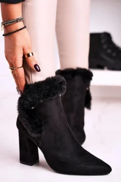 Boto Botki Na Słupku|Czarne Botki*Botki Na Słupku Z Futerkiem Zamszowe Czarne Sophie