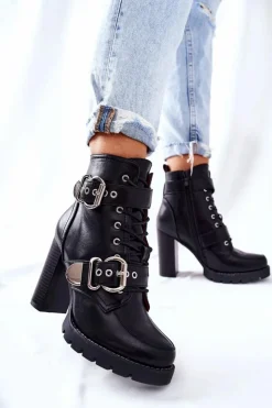 Damskie Boto Botki Na Słupku Z Klamrą Czarne Flaris