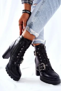 Damskie Boto Botki Na Słupku Z Klamrą Czarne Flaris