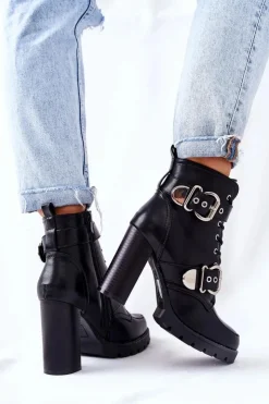 Damskie Boto Botki Na Słupku Z Klamrą Czarne Flaris