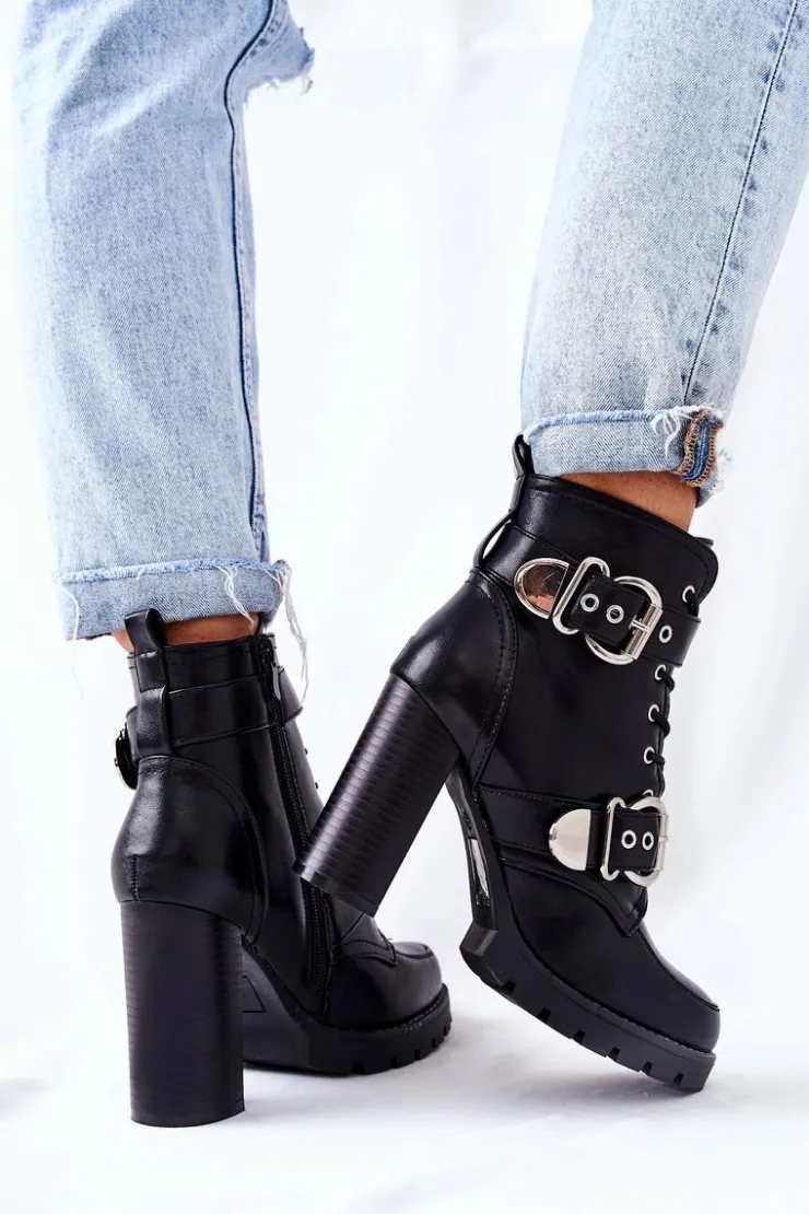 Damskie Boto Botki Na Słupku Z Klamrą Czarne Flaris