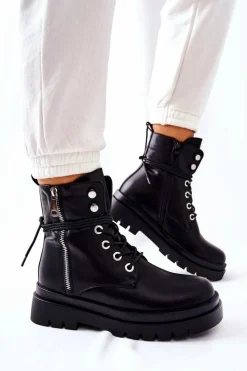 Boto Botki Na Suwak Z Wiązaniem Czarne Elissmo