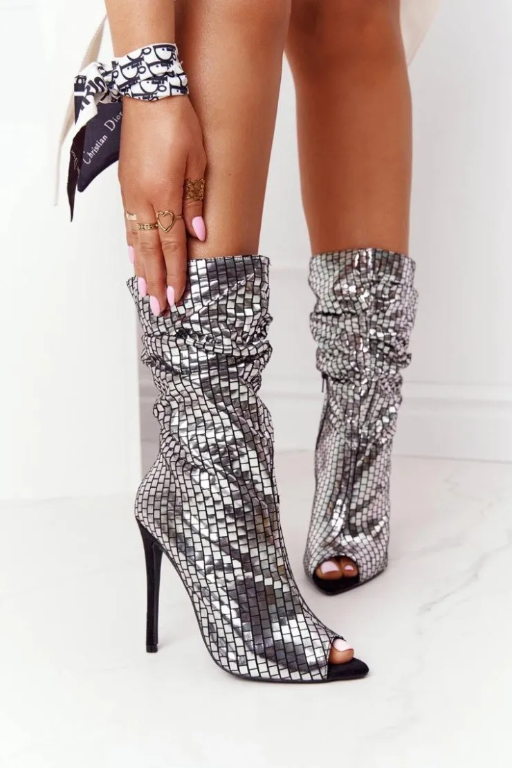 Boto Czarne Botki|Botki Na Obcasie*Botki Na Szpilce Srebrne Night Out