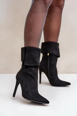 Damskie Boto Botki Na Szpilce Z Wywiniętą Cholewką Czarne Luxira