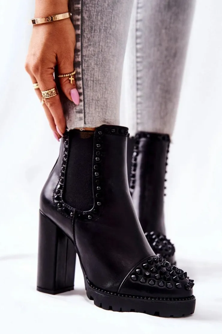 Sale Boto Botki Na Wysokim Obcasie Z Dżetami Czarne Lisana