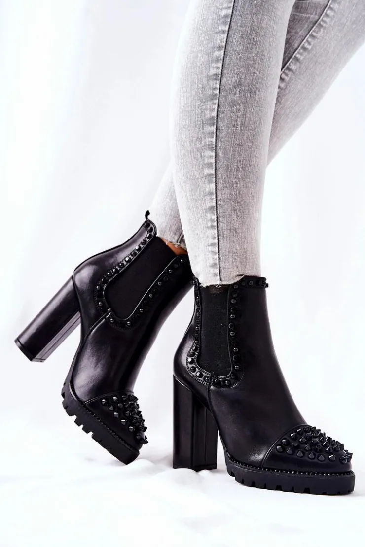 Sale Boto Botki Na Wysokim Obcasie Z Dżetami Czarne Lisana