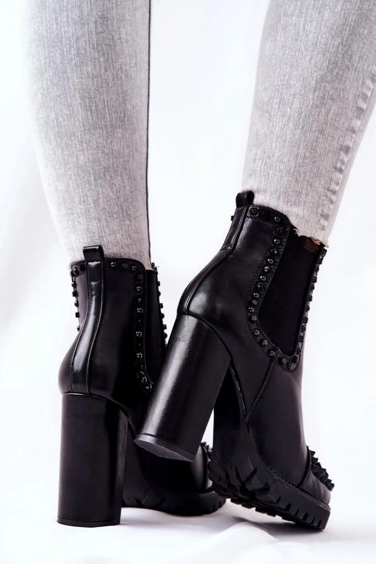 Sale Boto Botki Na Wysokim Obcasie Z Dżetami Czarne Lisana