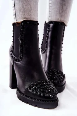 Sale Boto Botki Na Wysokim Obcasie Z Dżetami Czarne Lisana